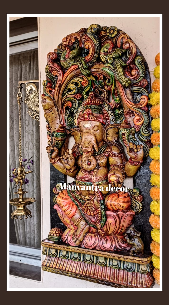 3 feet Ganesha wall panel in solid teak wood