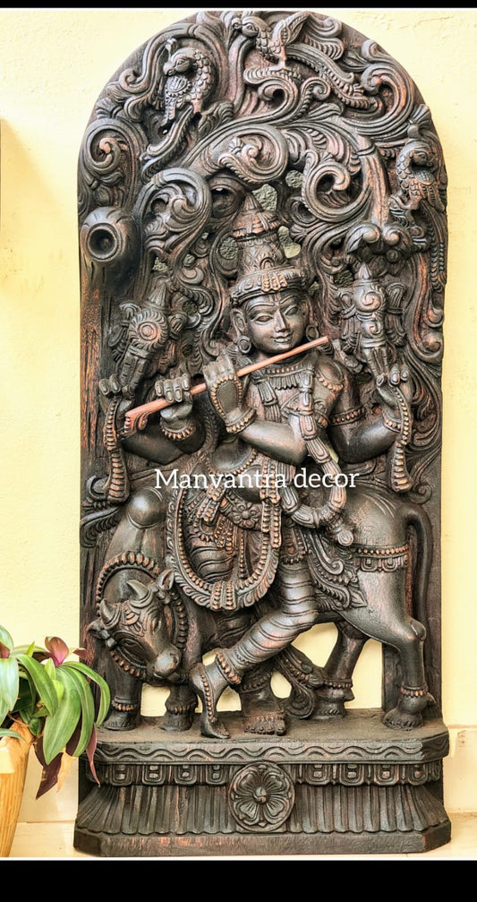 3 feet Krishna panel with cow carved in solid wood