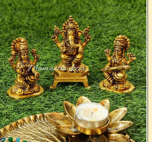 Lakshmi , ganesha, saraswathi set in brass