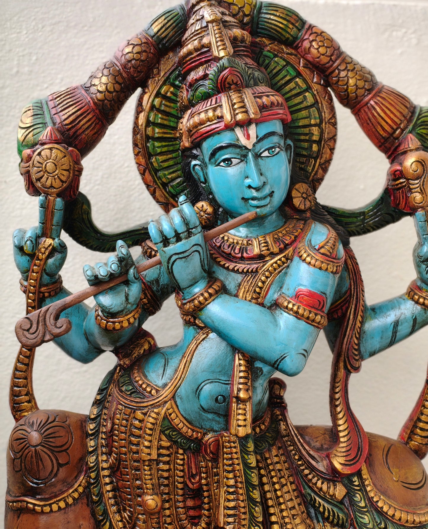 Wooden cow krishna idol