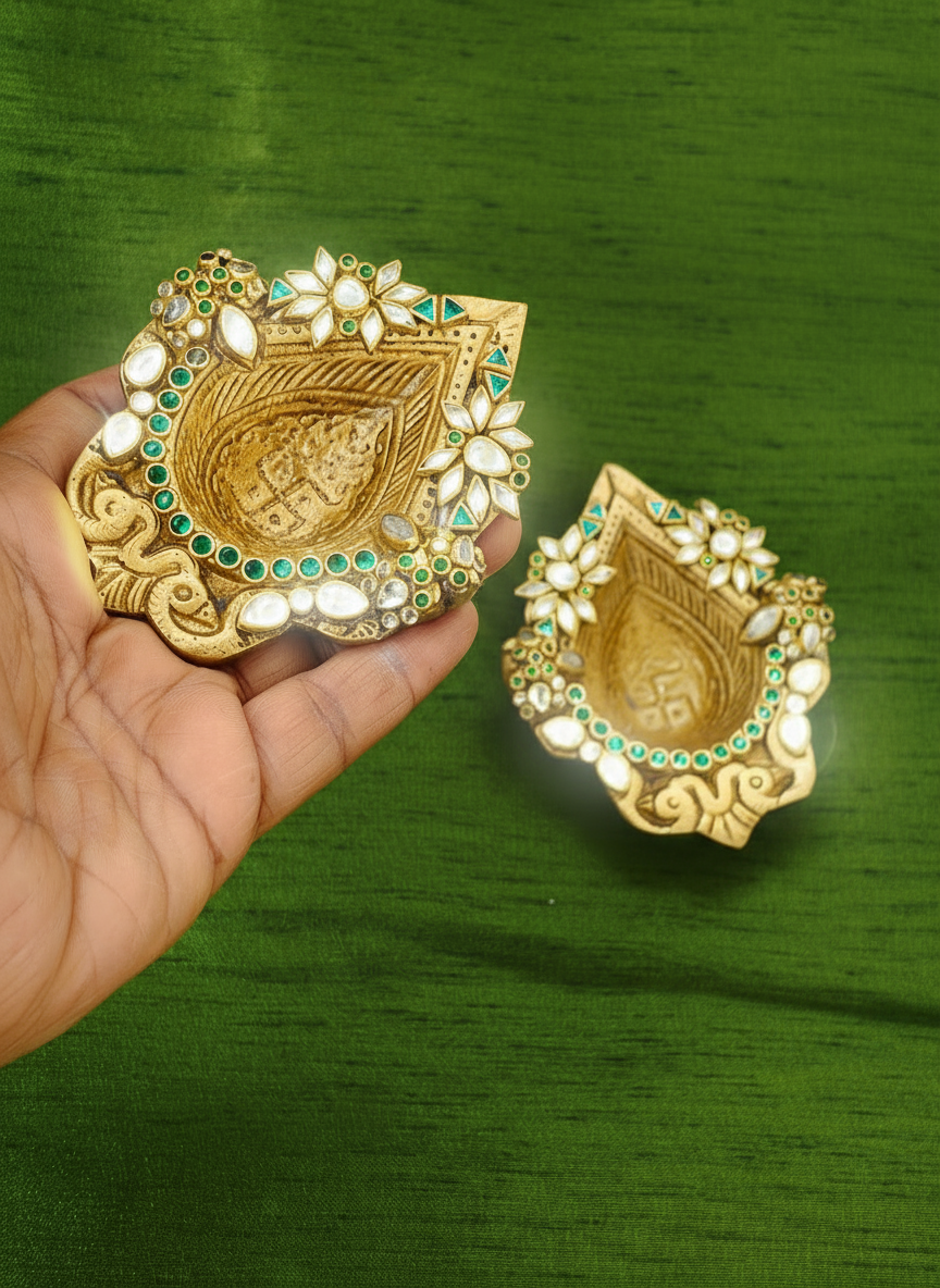 Brass diyas with shimmering stonework in pure brass(pair)