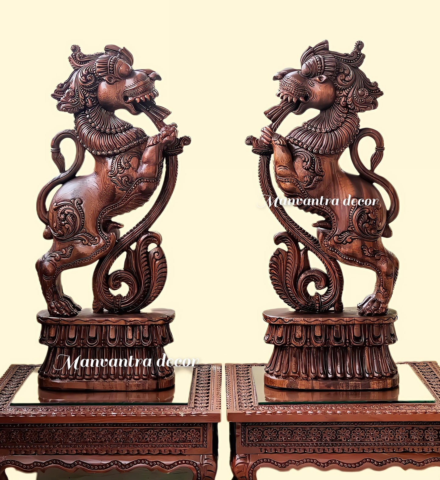 Yali idol completely hand carved in solid teak wood with lacquer finish.