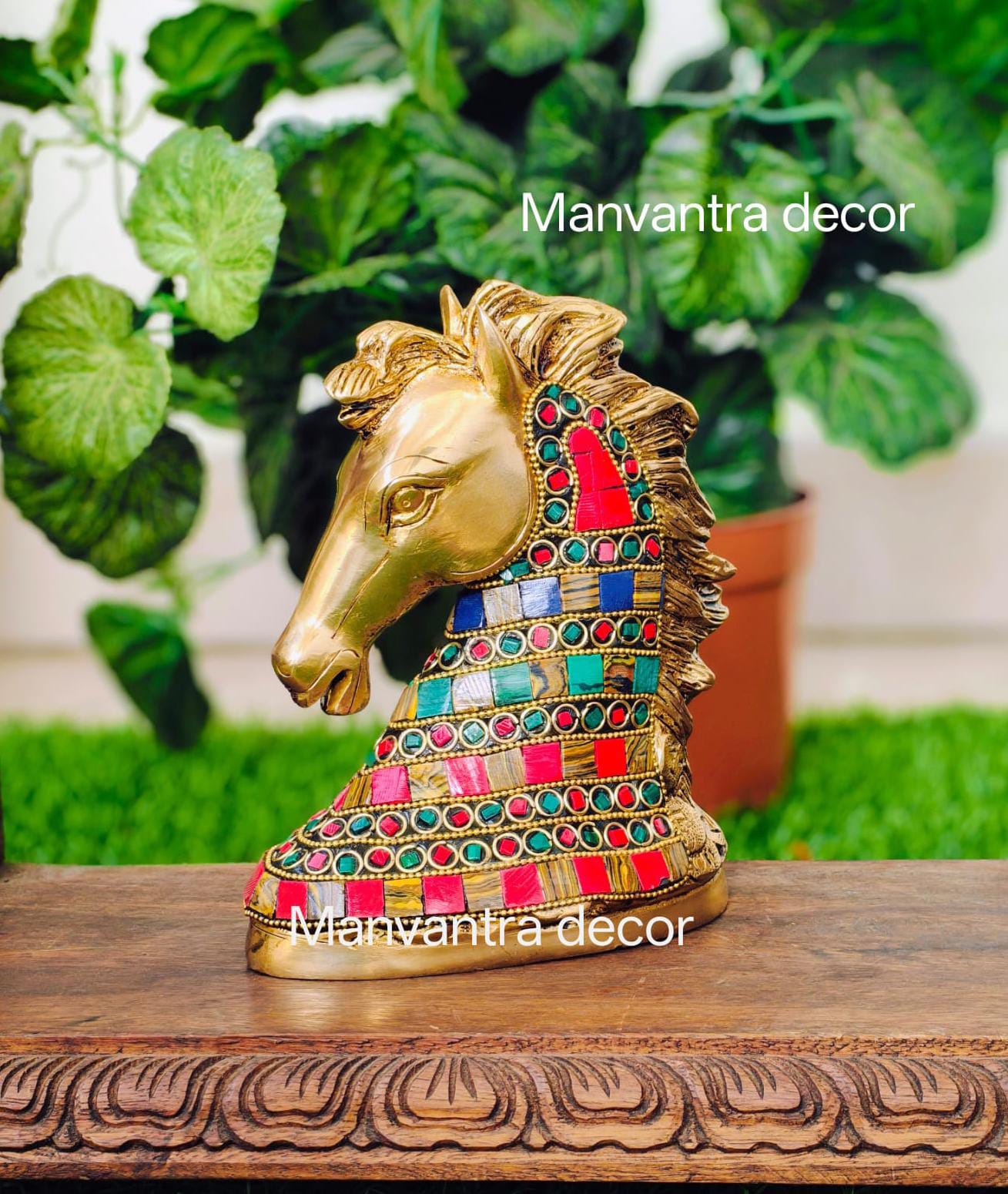 New Horse bust, decorative statue in beautiful and colourful stonework done on pure brass idol.