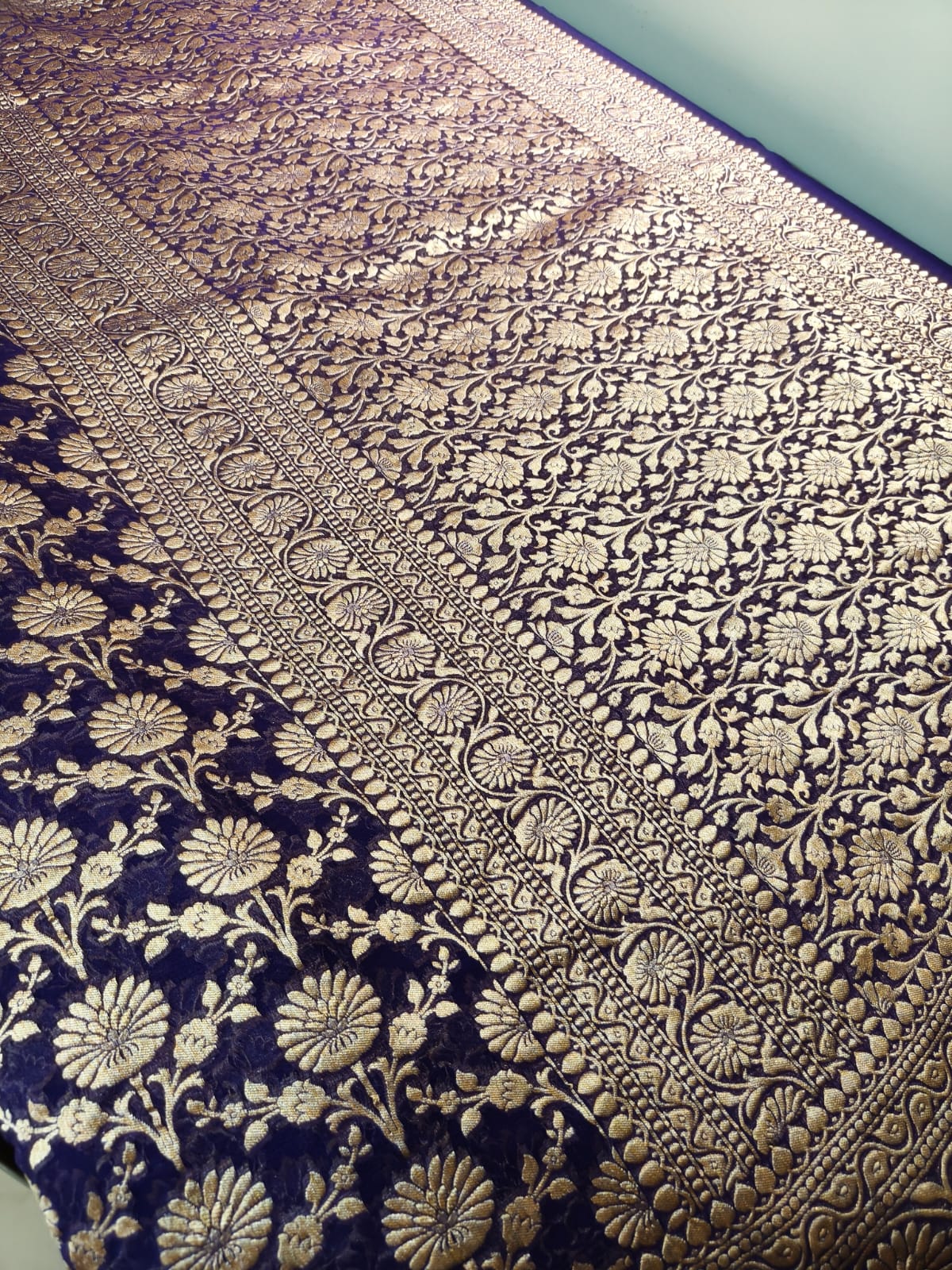 Pure 100% mulberry silk dark blue saree completely hand woven in pure zari