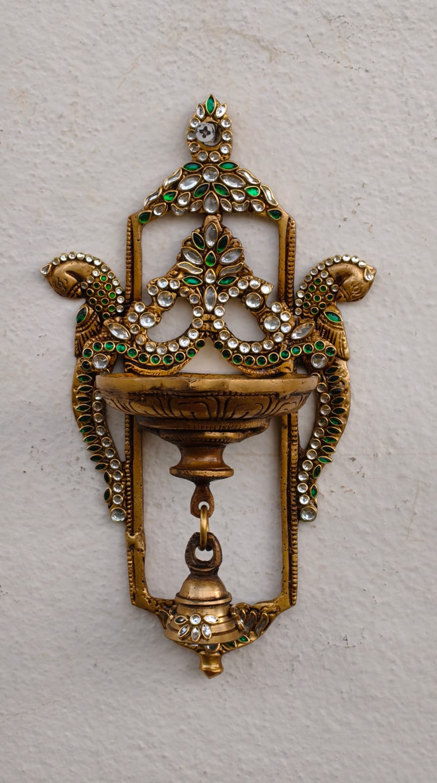 Wall hang deepak with bell with stonework in pure brass