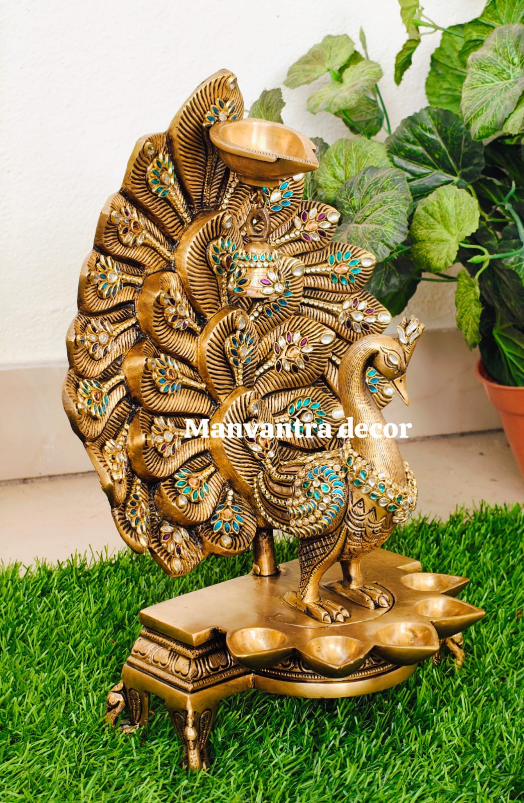 Beautiful peacock lamp with kundan stonework in pure brass