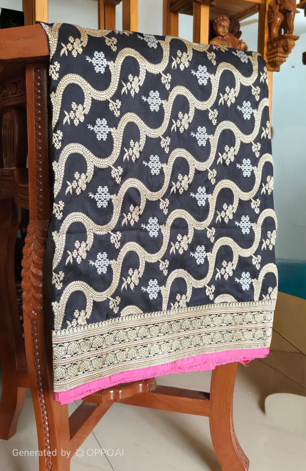 Pure Mulberry silk black with golden and silver zari work throughout the saree. 100% pure silk with pure zari completely hand weaved
