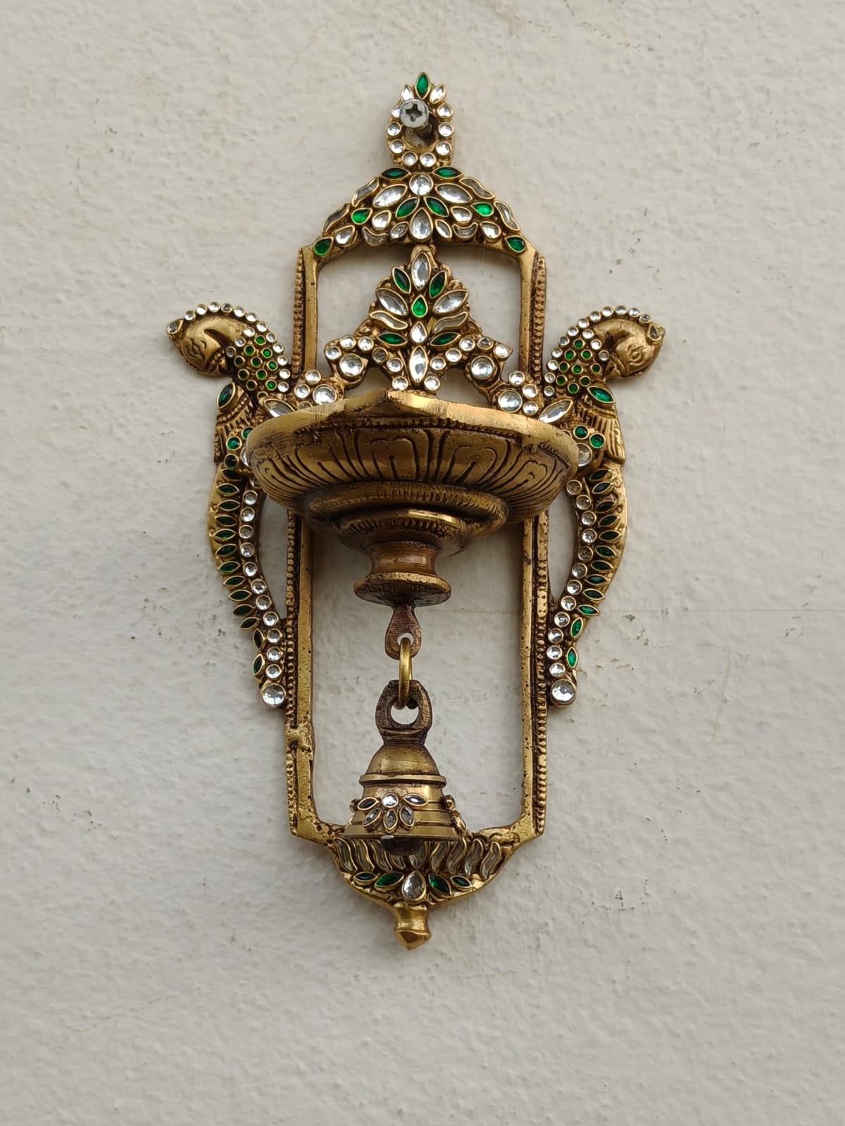 Wall hang deepak with bell with stonework in pure brass