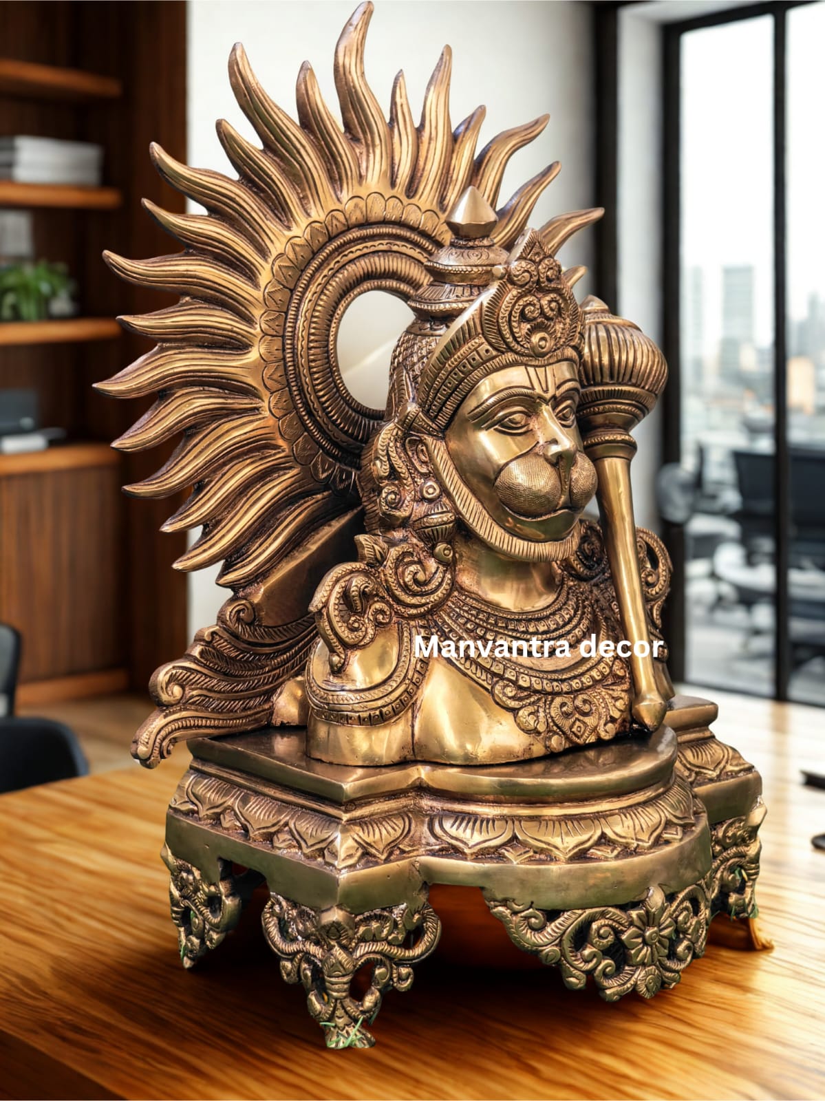 Lord Hanuman face with beautiful peetam and sun in the backdrop.