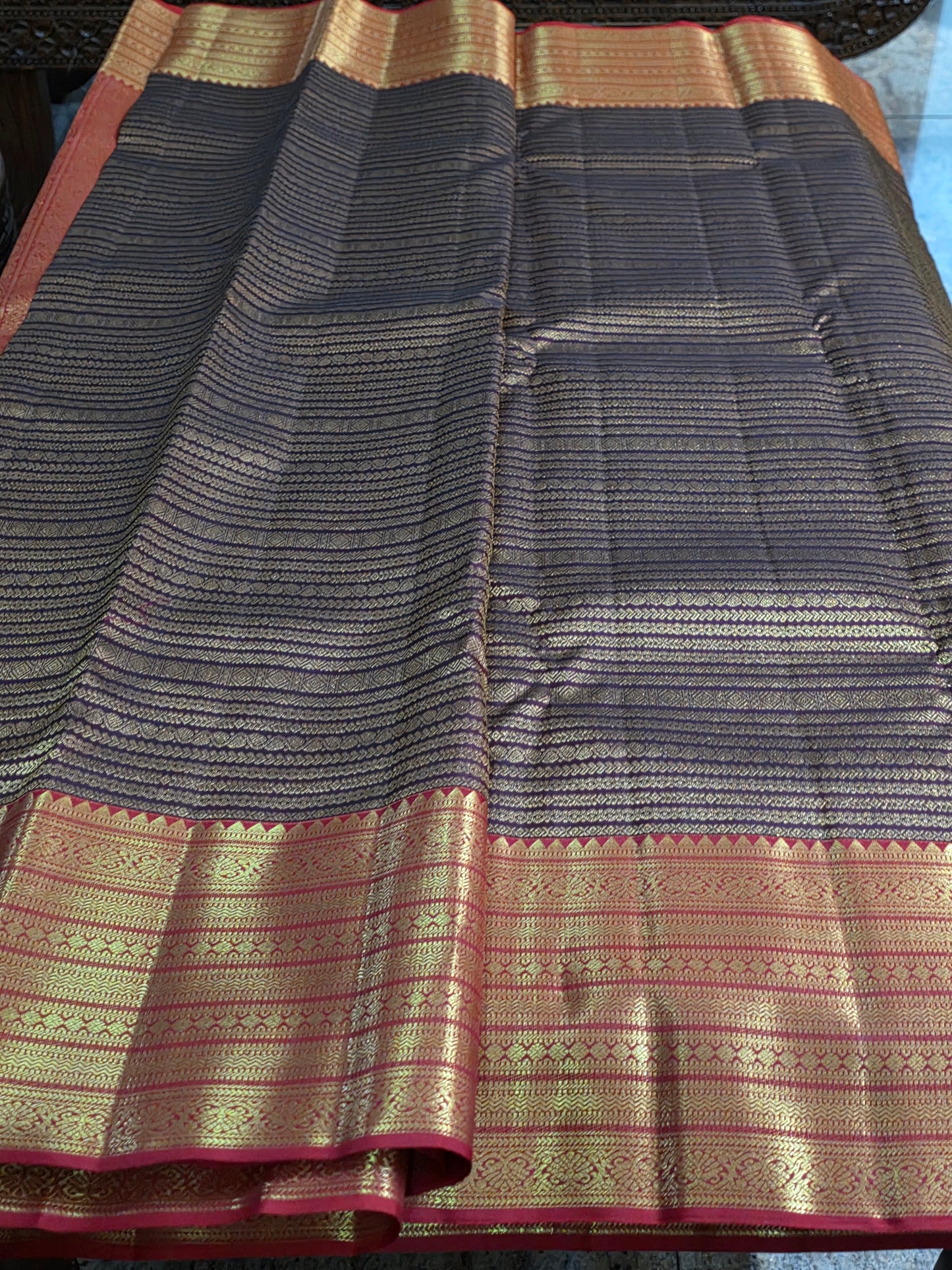 Pure Mulberry silk dual tone brown saree with pure zari completely hand woven.