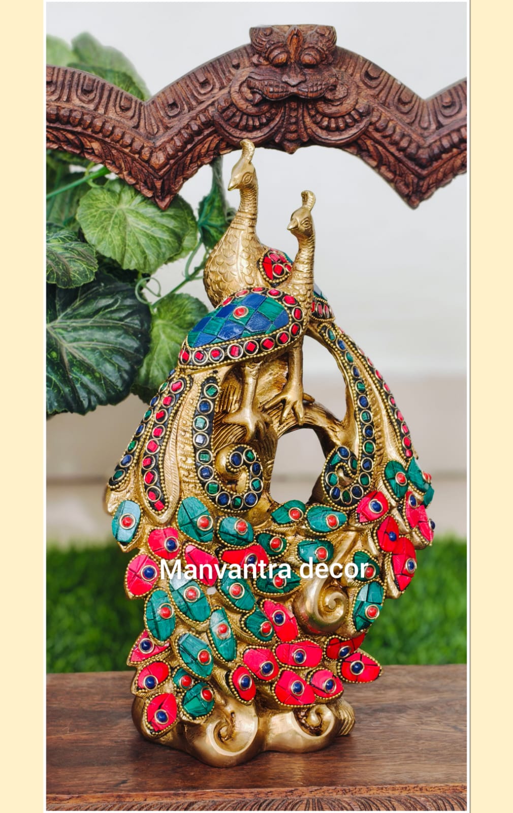 Double peacock decorative piece with beautiful and colourful stonework done on pure brass complete hand work.