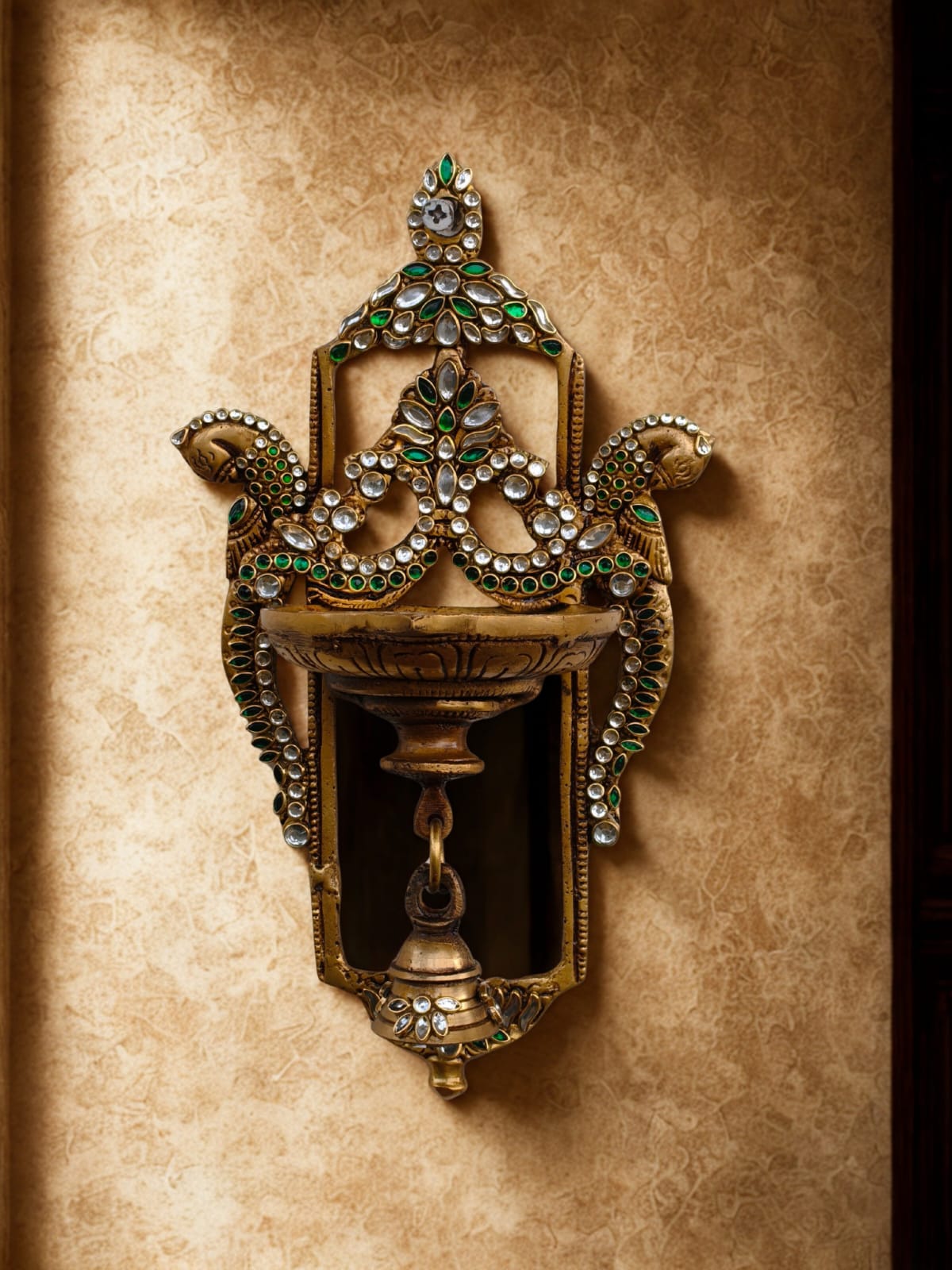 Wall hang deepak with bell with stonework in pure brass