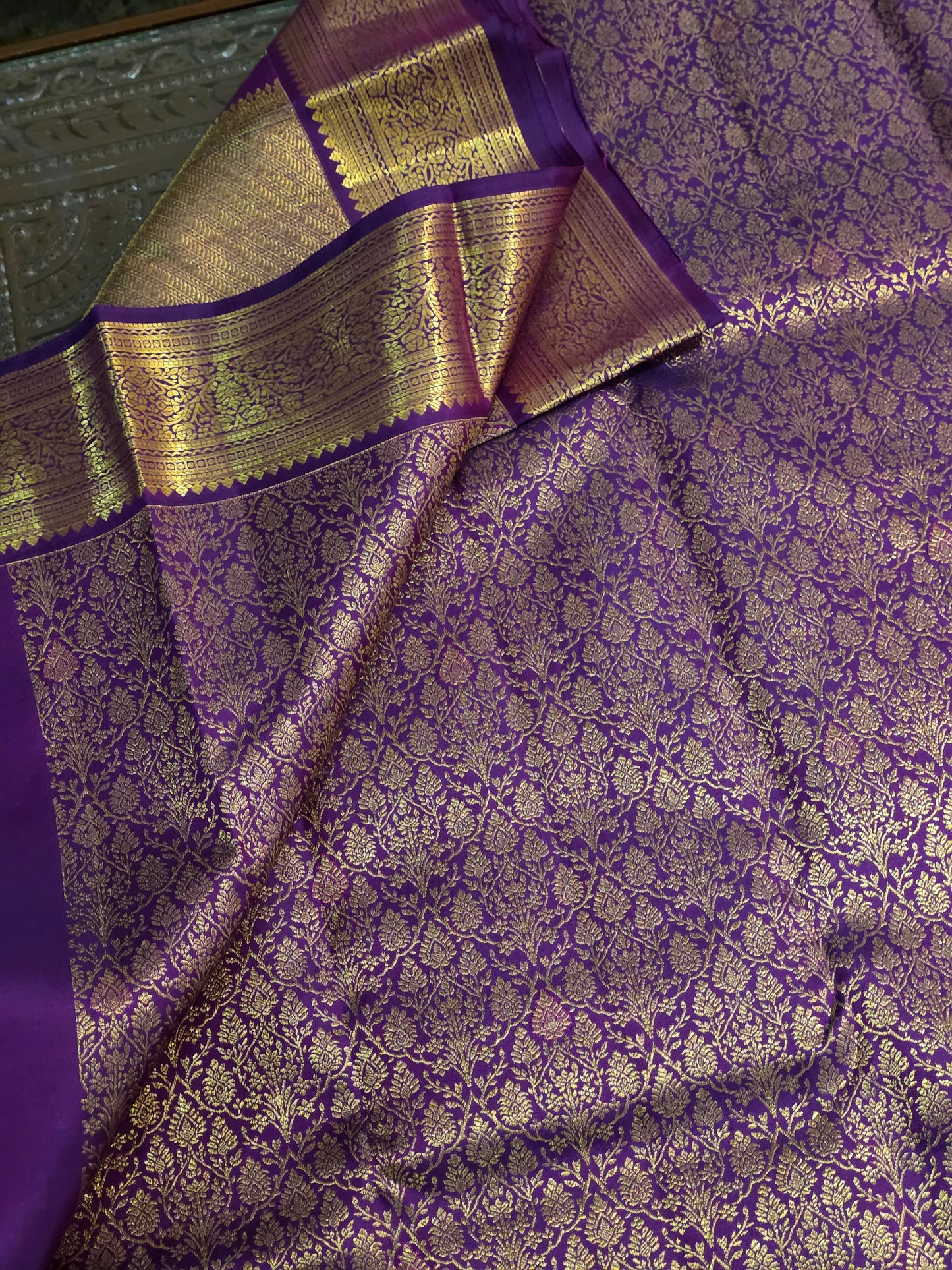 Pure Mulberry silk saree purple colour and golden pure zari completely hand woven.