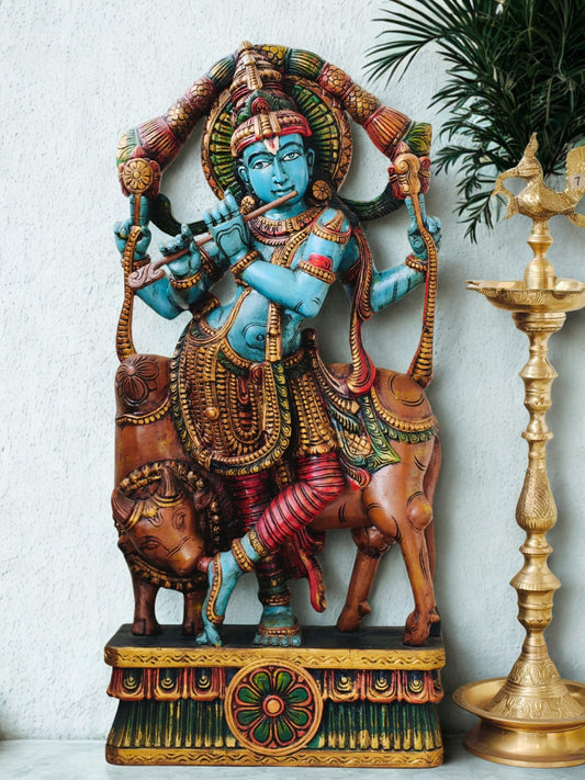 Wooden cow krishna idol