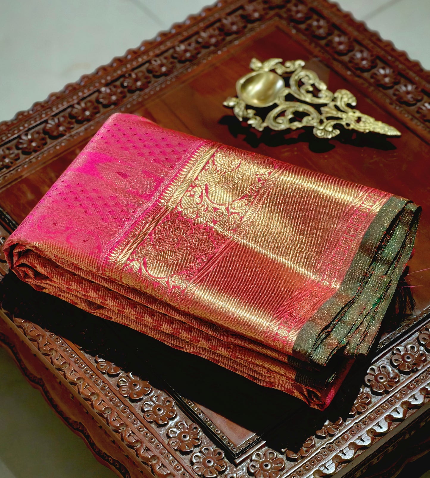 Double tone pink and golden heavy silk Saree