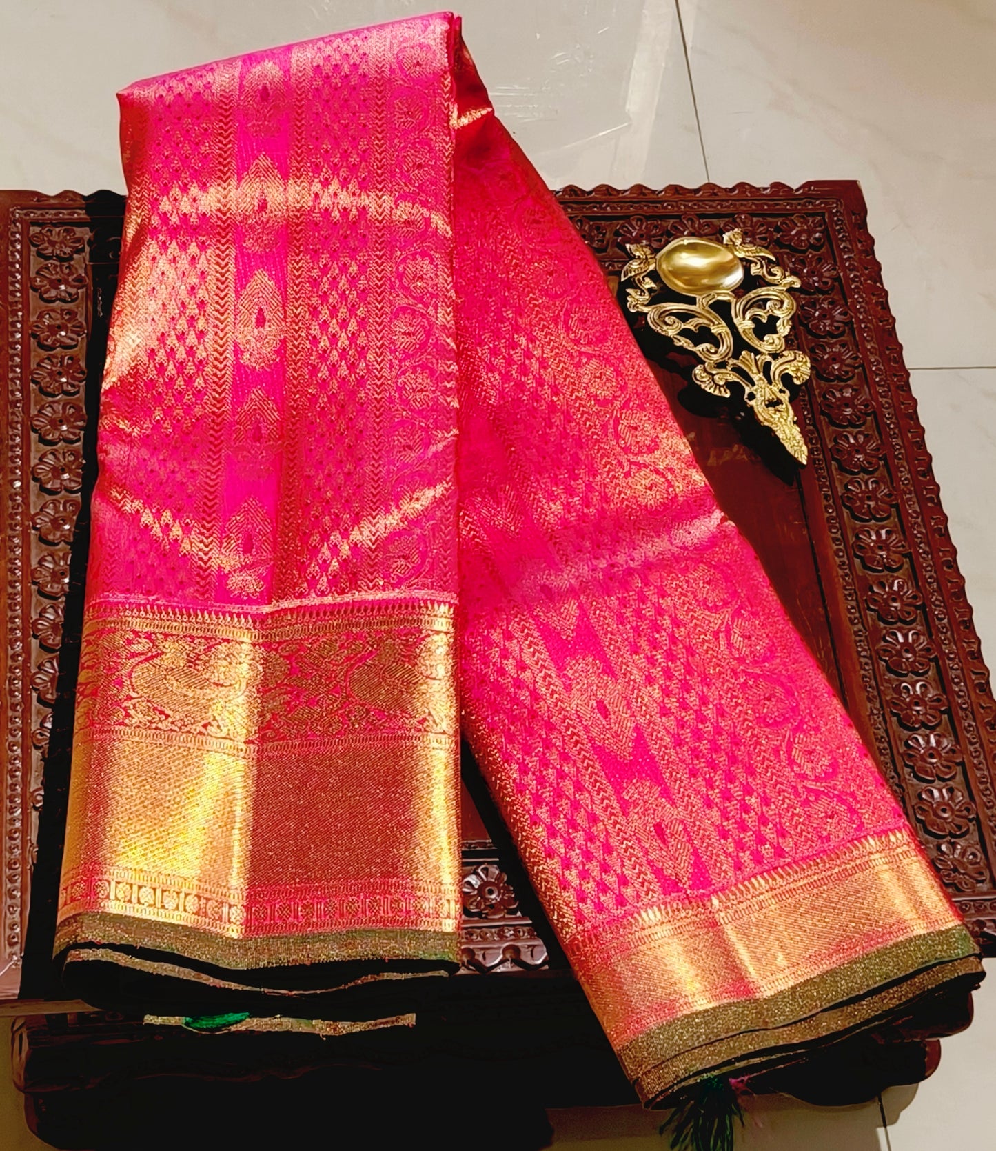 Double tone pink and golden heavy silk Saree