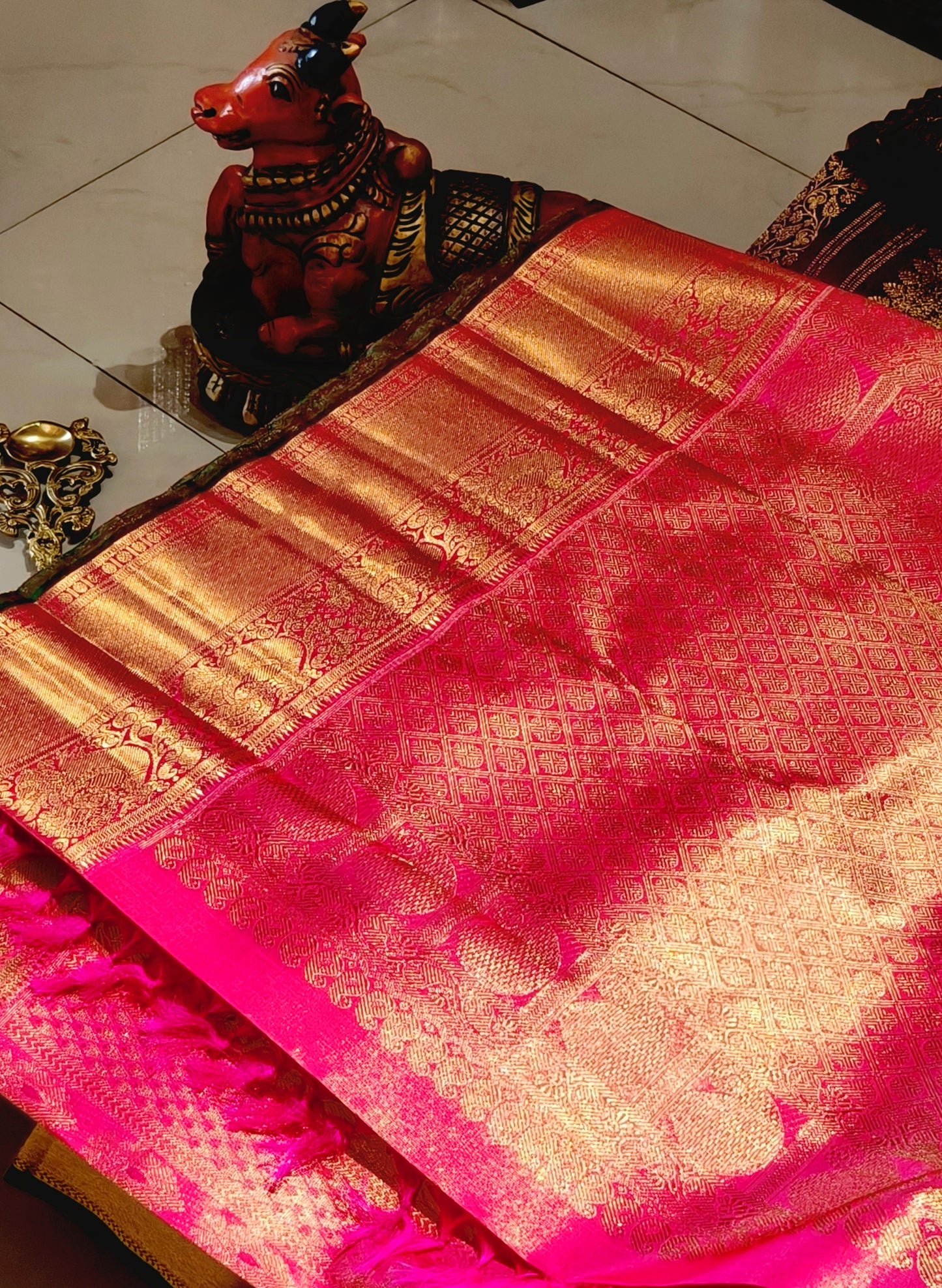 Double tone pink and golden heavy silk Saree