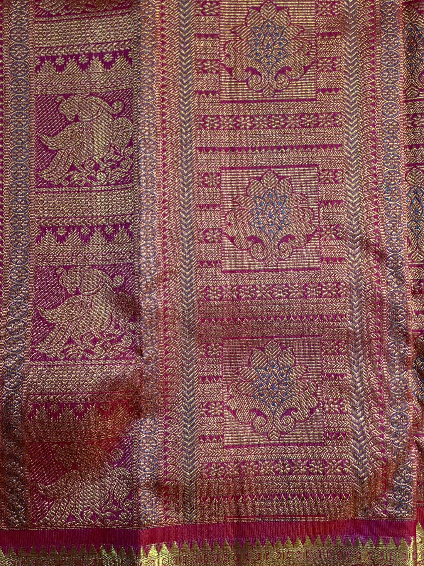 Pure Mulberry silk dual tone pink and golden color saree with pure zari completely hand woven.
