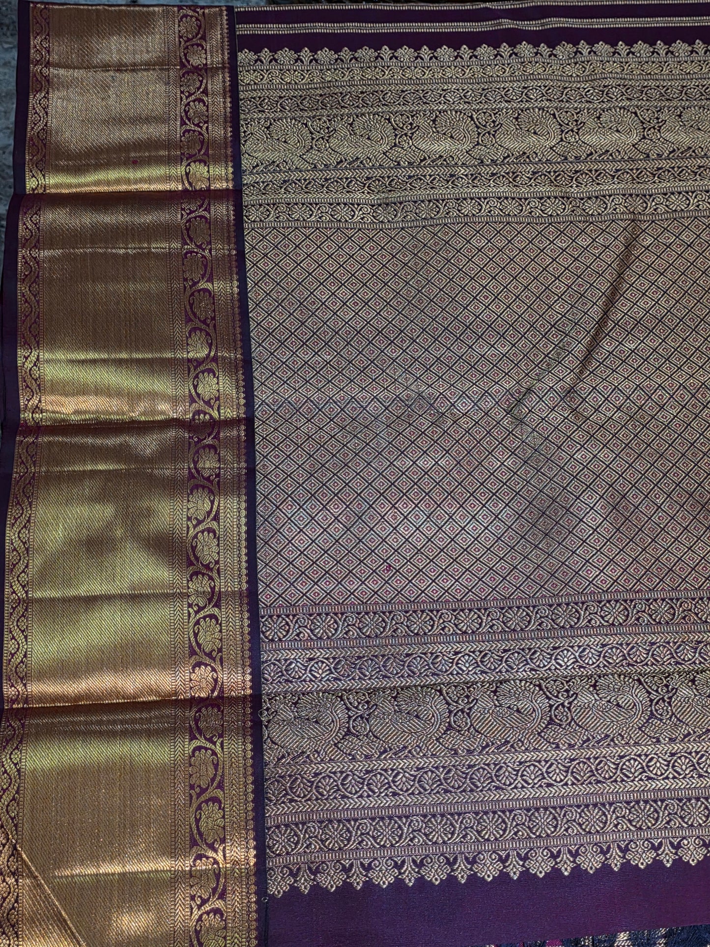 Pure Mulberry brown and maroon dual tone colour silk saree with pure zari completely hand woven.