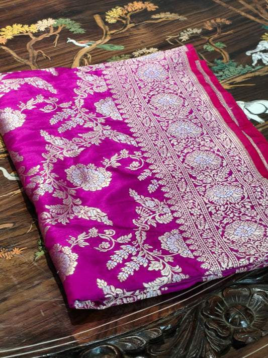 Pure Mulberry silk pink with golden and silver zari work throughout the saree completely hand woven