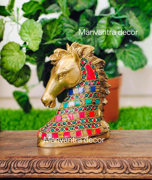 New Horse bust, decorative statue in beautiful and colourful stonework done on pure brass idol.