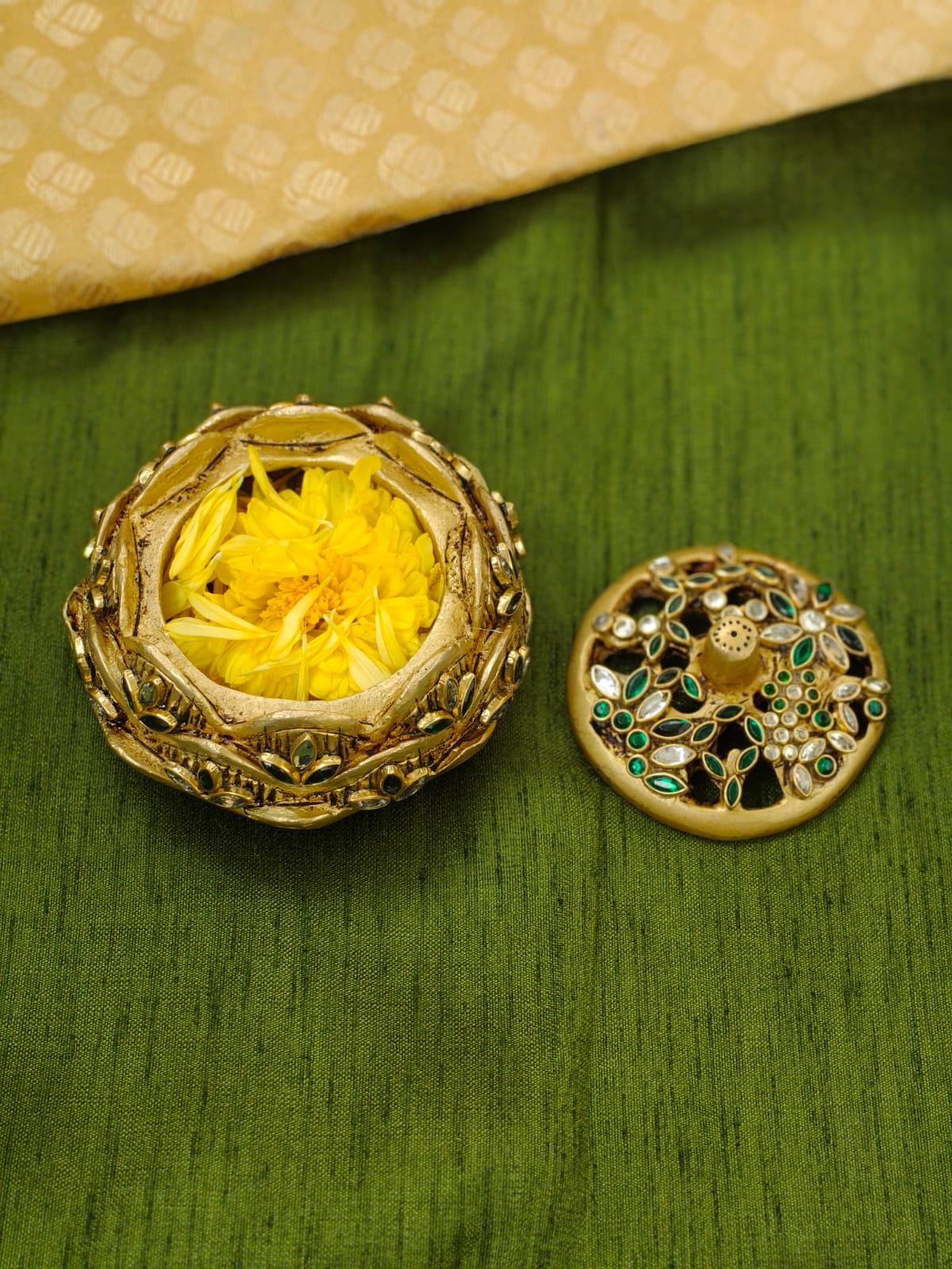 Dhoop/ Kumkum box/ jewellery box in pure brass. Studded with shimmering stonework.