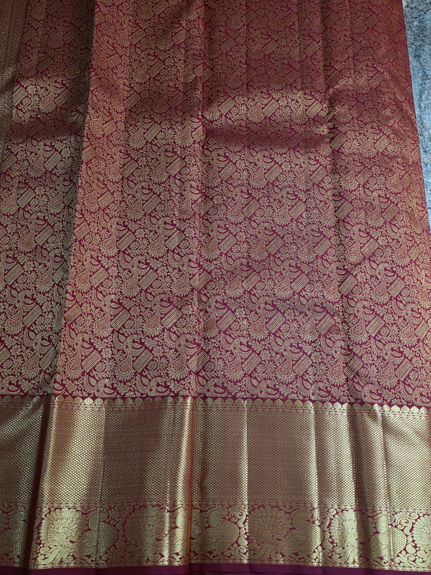 Pure Mulberry red and golden colour silk saree with pure zari completely hand woven.