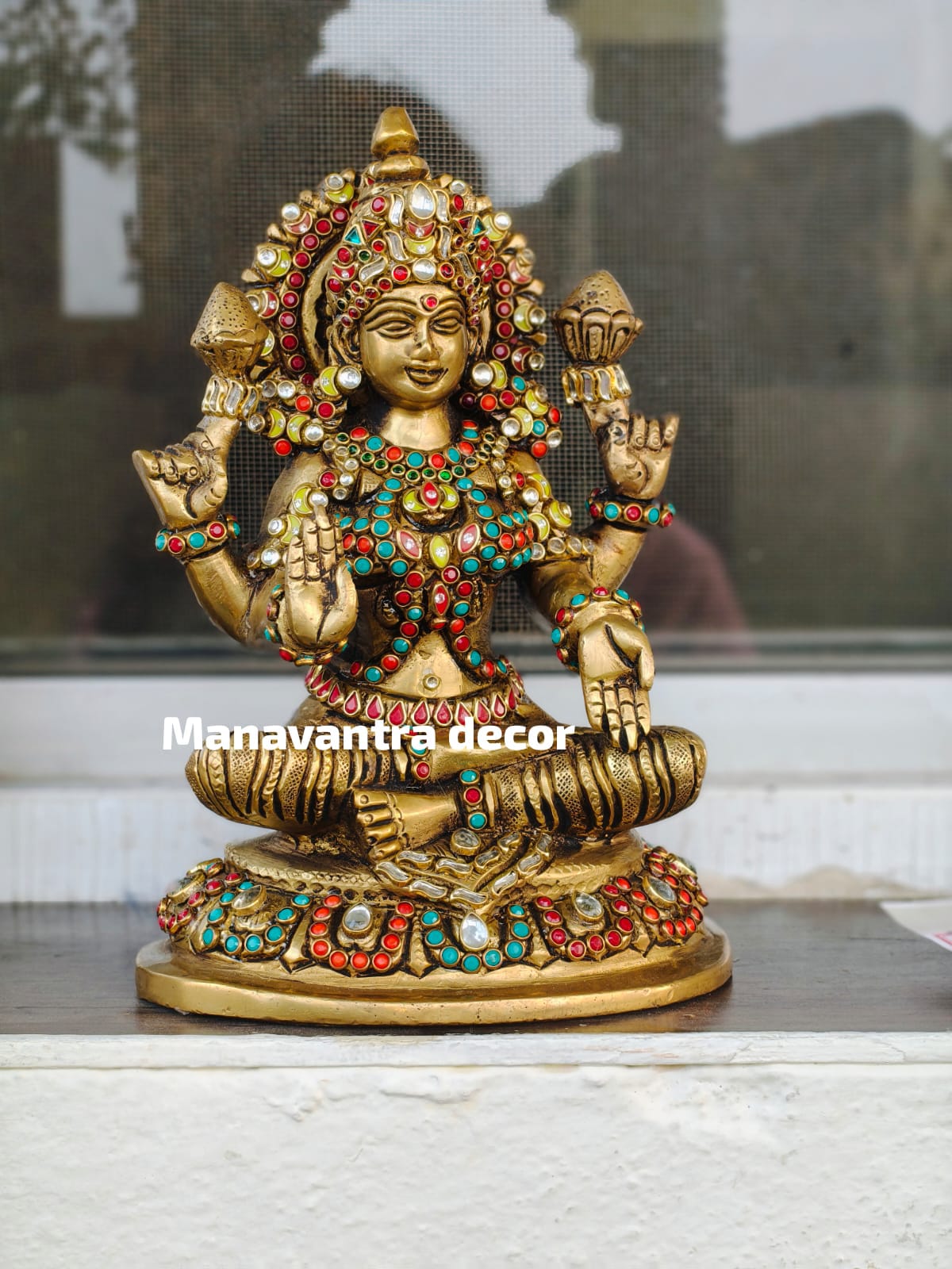 Brass Godess Lakshmi idol with stone work