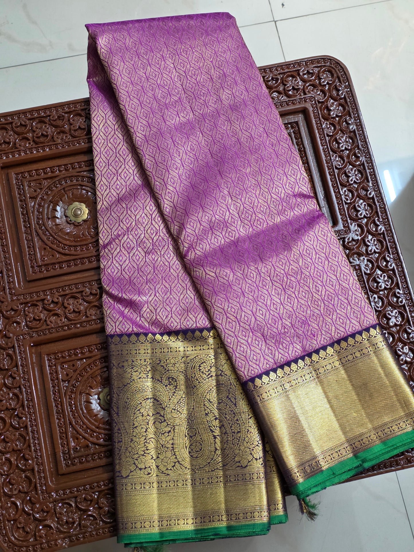 Purple pure silk korvai saree with 100% pure zari and contrasting border and blouse