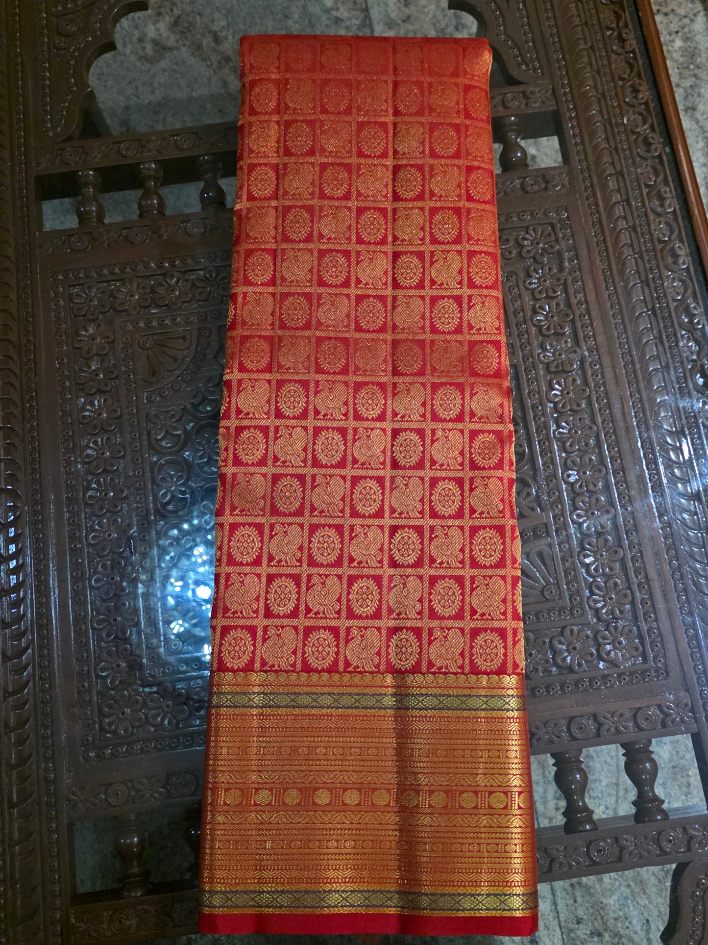 Pure Mulberry orange colour silk saree with pure zari completely hand woven