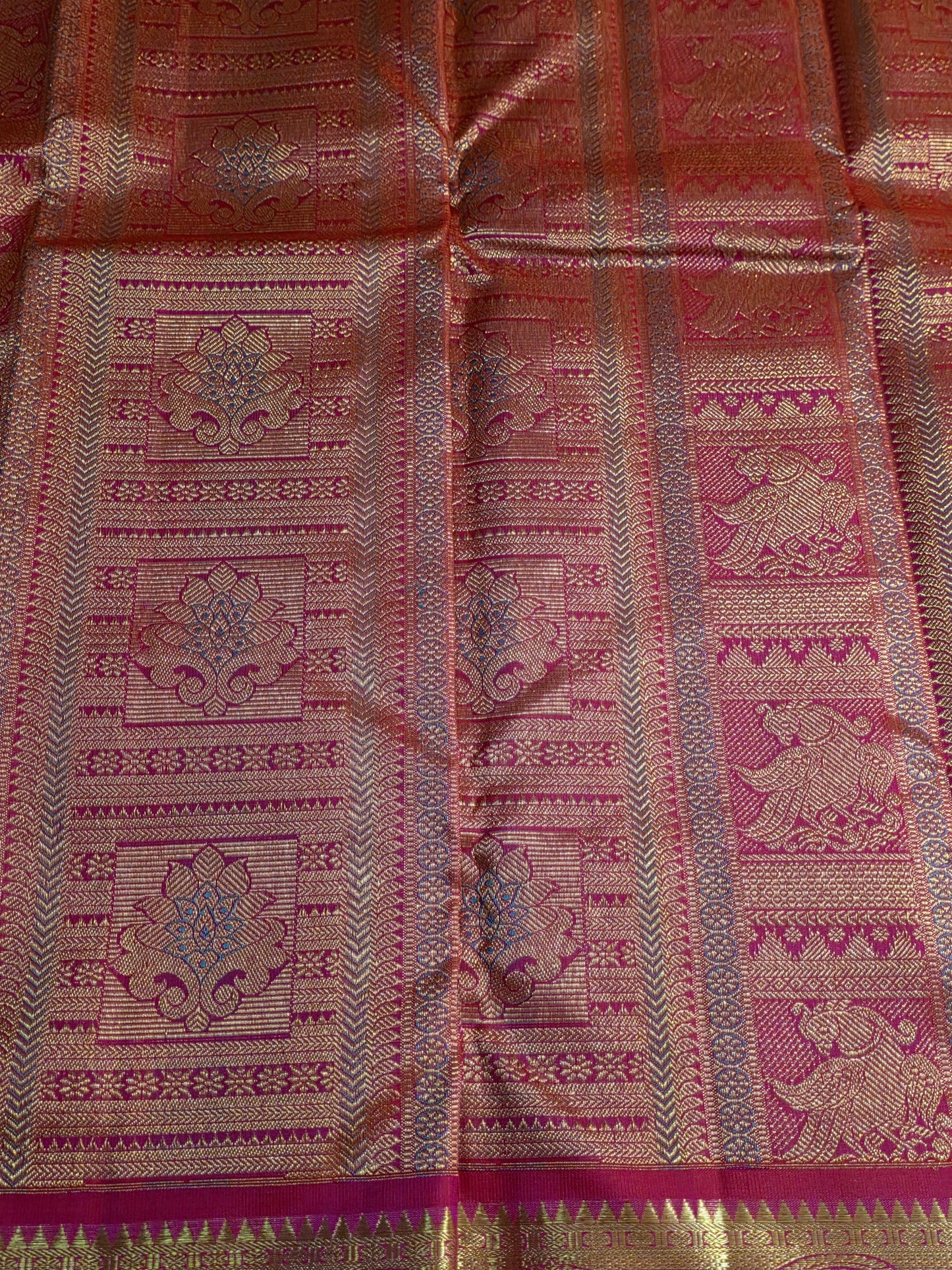 Pure Mulberry silk dual tone pink and golden color saree with pure zari completely hand woven.