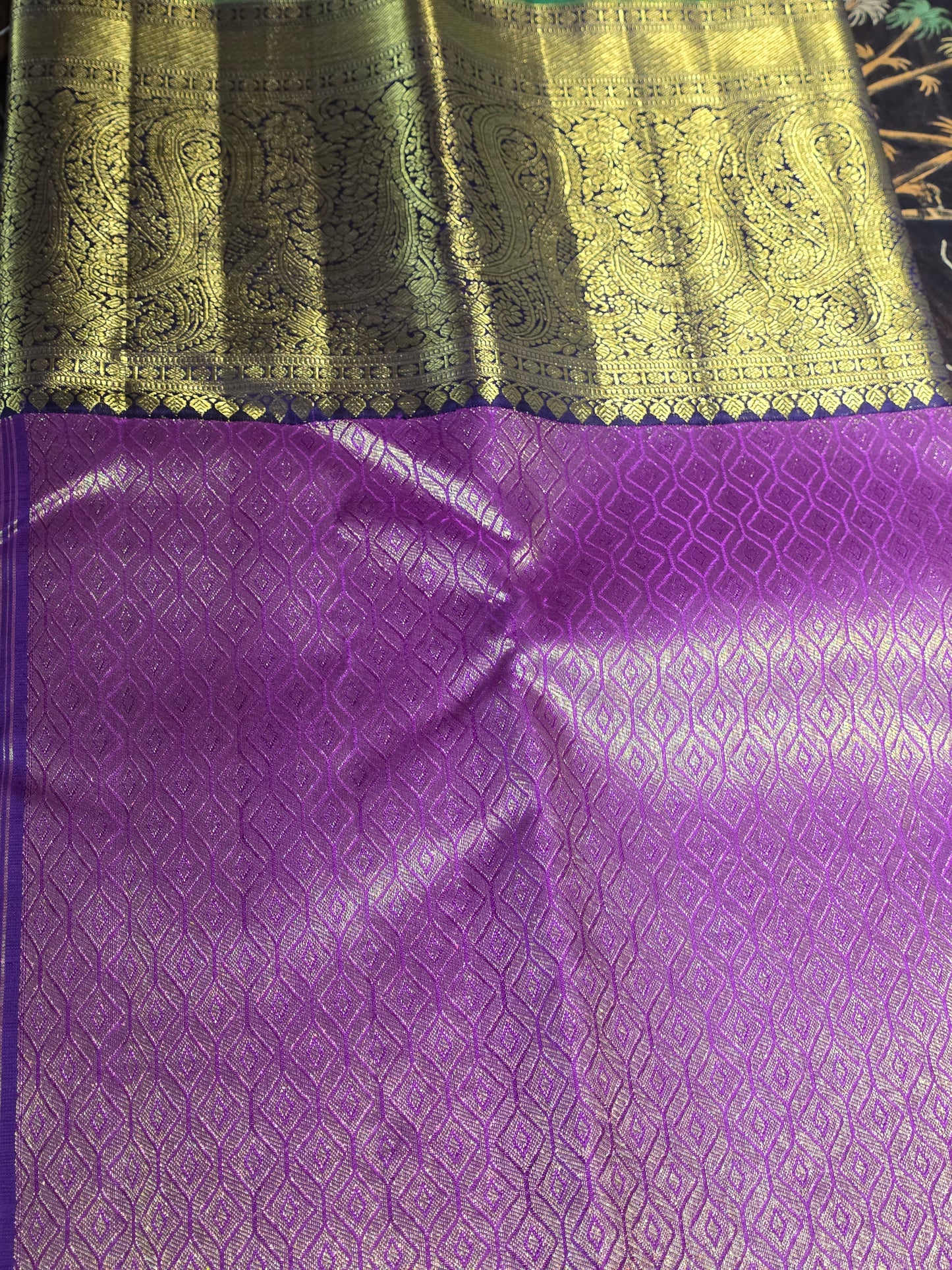 Purple pure silk korvai saree with 100% pure zari and contrasting border and blouse