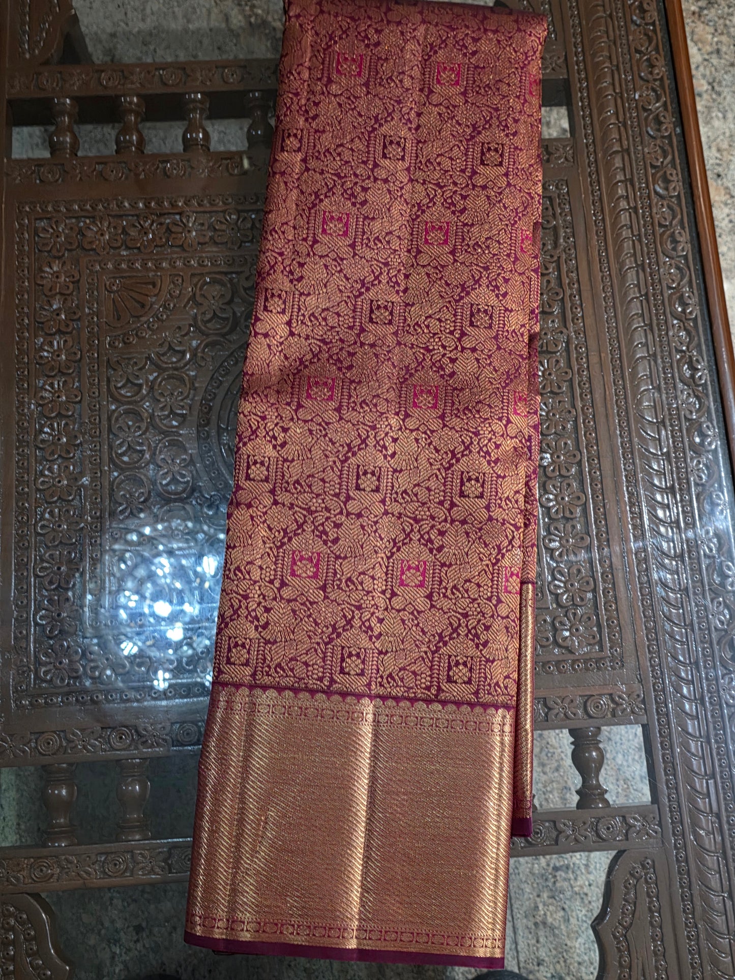 Pure Mulberry rust colour dual tone silk saree with pure zari completely hand woven.