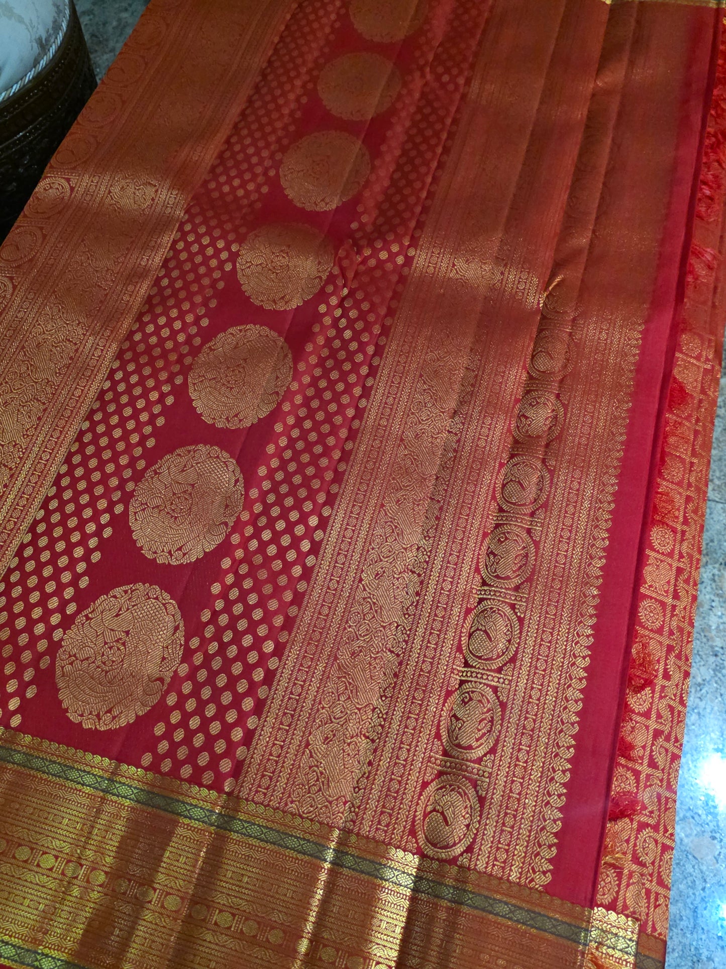 Pure Mulberry orange colour silk saree with pure zari completely hand woven