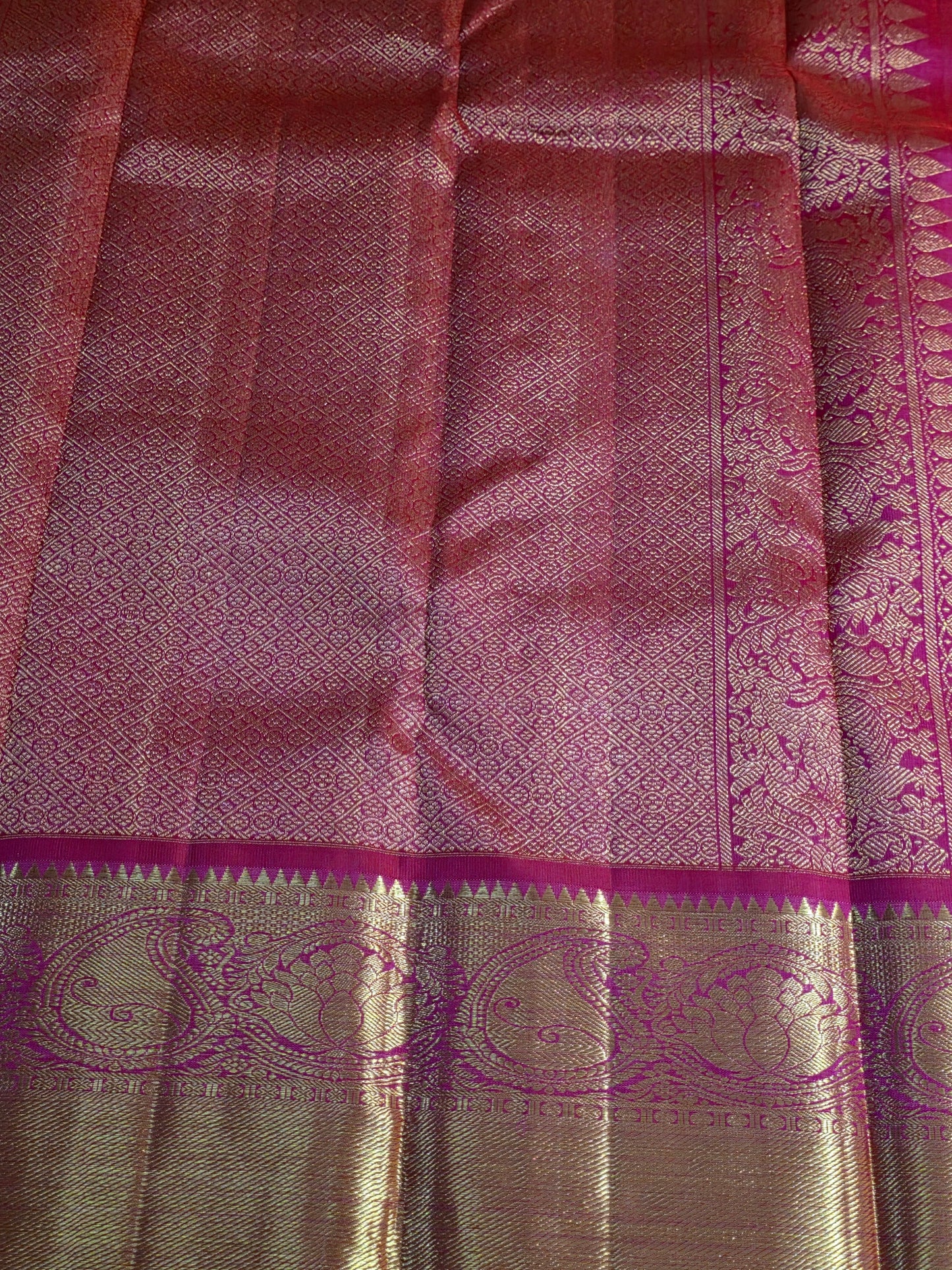 Pure Mulberry silk dual tone pink and golden color saree with pure zari completely hand woven.