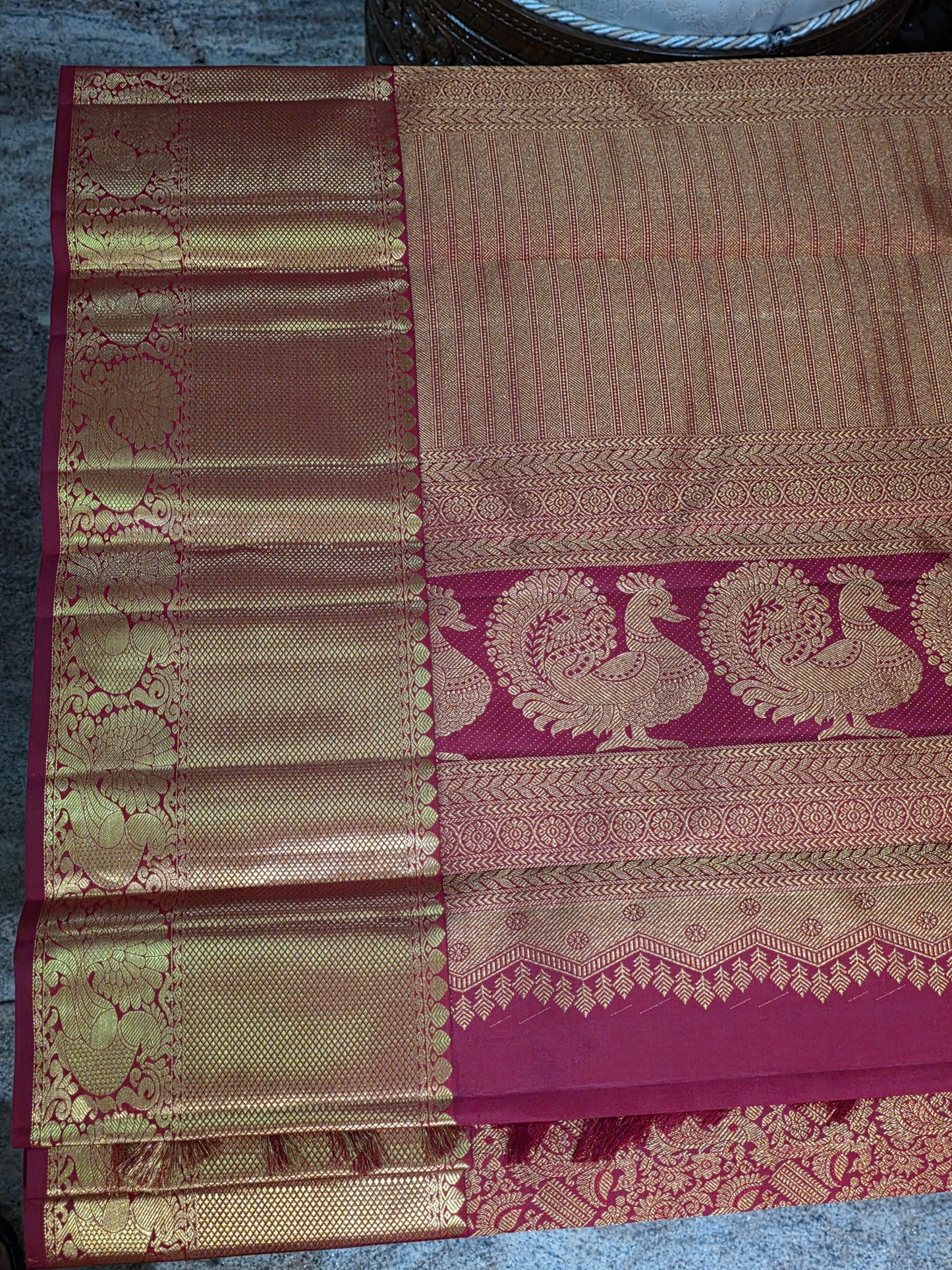 Pure Mulberry red and golden colour silk saree with pure zari completely hand woven.