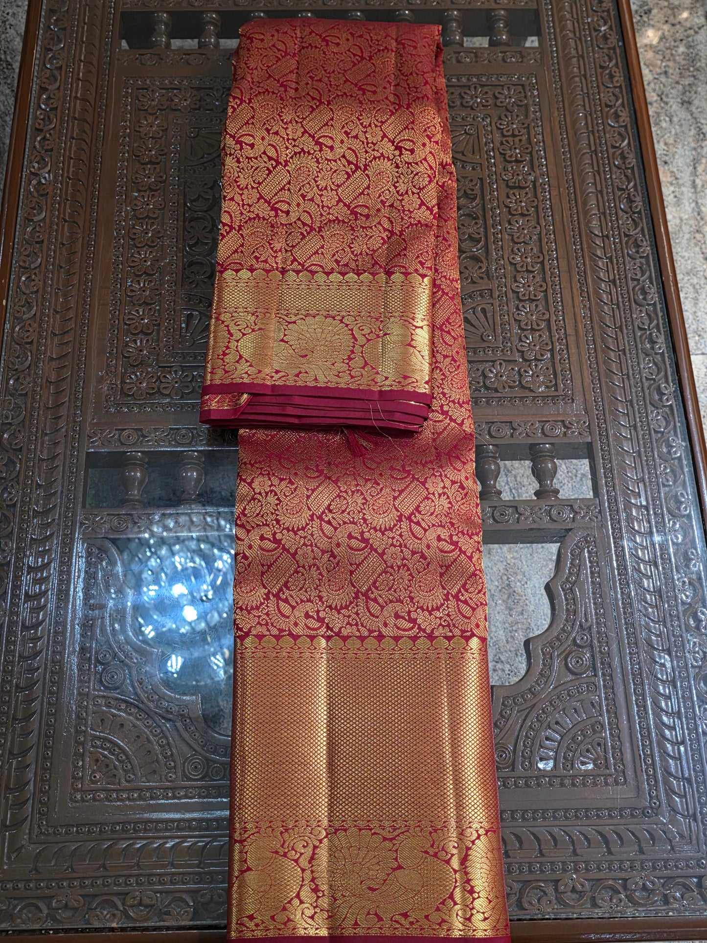 Pure Mulberry red and golden colour silk saree with pure zari completely hand woven.
