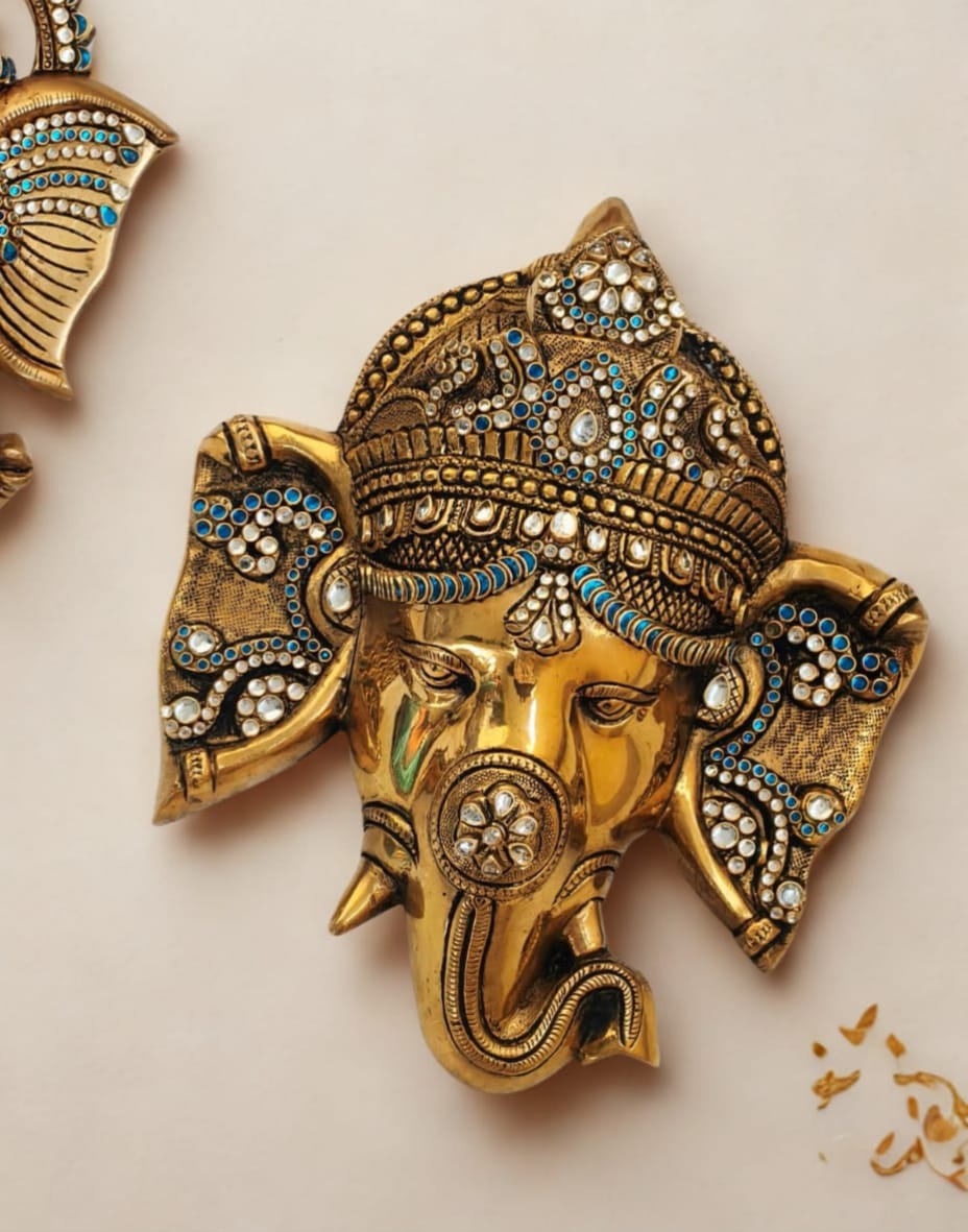 Exotic and beautiful Ganesha wall hang in pure brass studded with special kundan stones