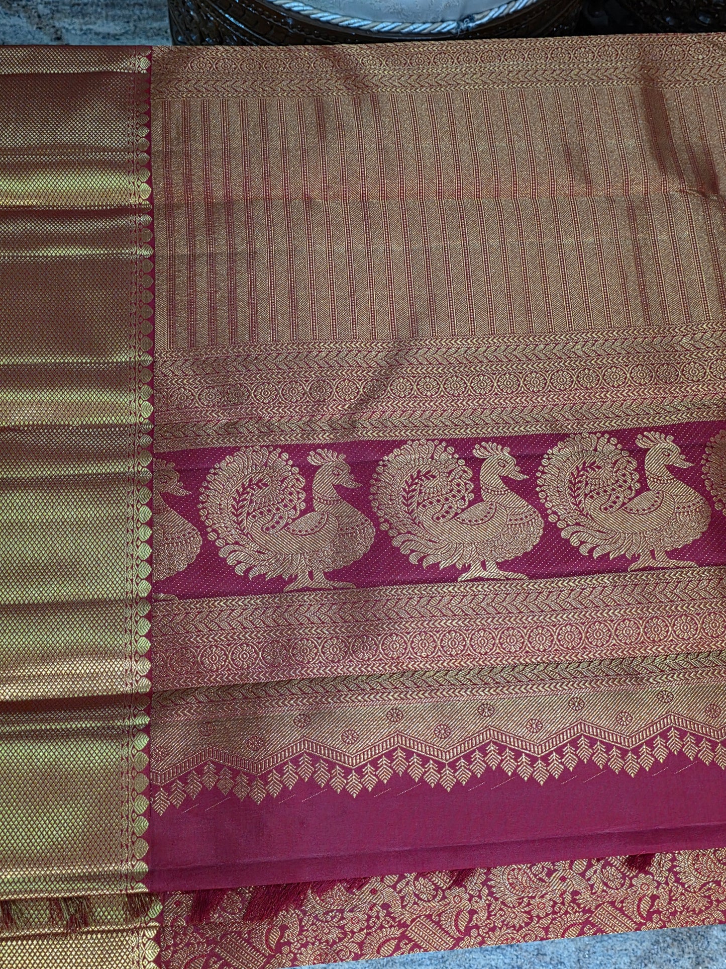 Pure Mulberry red and golden colour silk saree with pure zari completely hand woven.