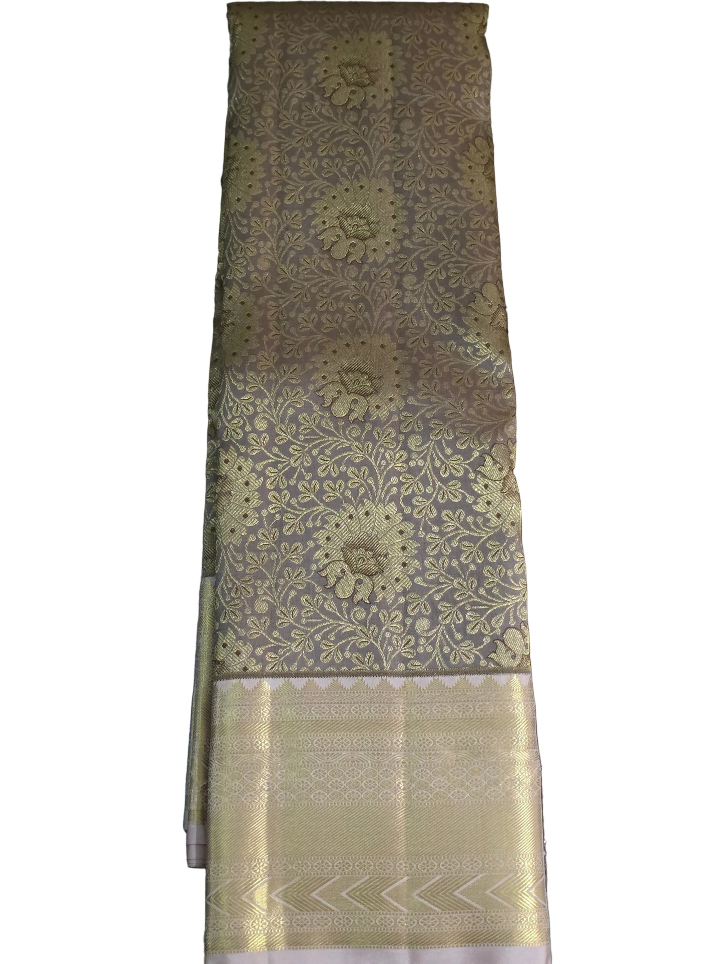Pure Mulberry silk saree light grey and gilden colour with pure zari completely hand woven.