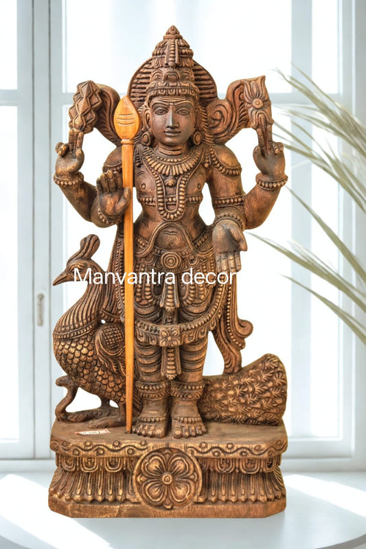 Murugan idol completely hand carved in teak wood
