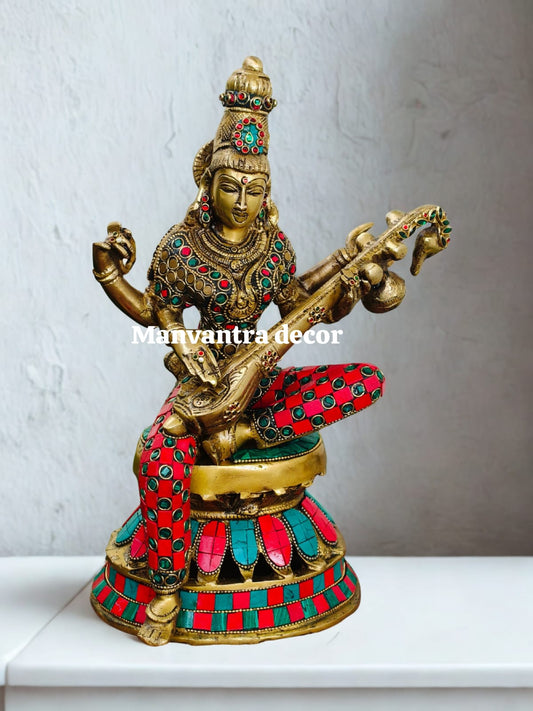Saraswati idol with beautiful colour stone work in pure brass