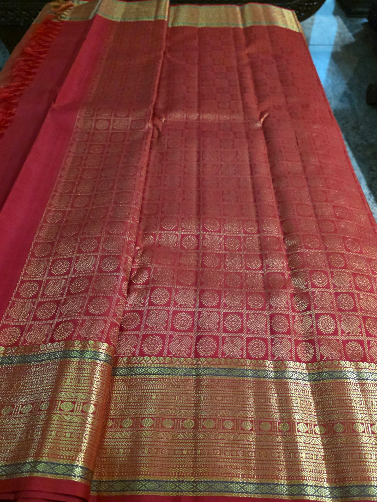 Pure Mulberry orange colour silk saree with pure zari completely hand woven