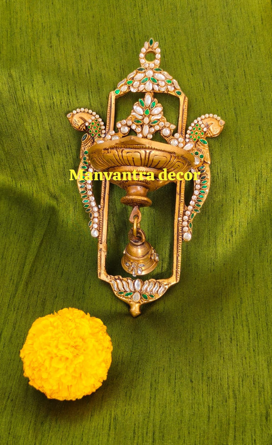Wall hang deepak with bell with stonework in pure brass