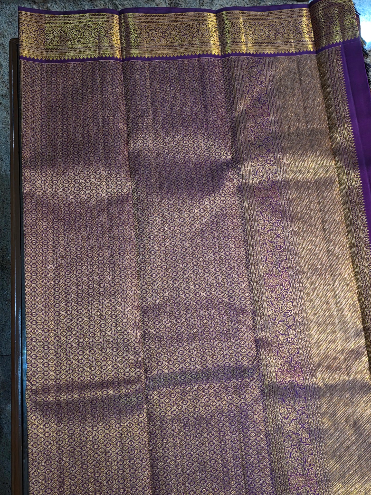 Pure Mulberry silk saree purple colour and golden pure zari completely hand woven.