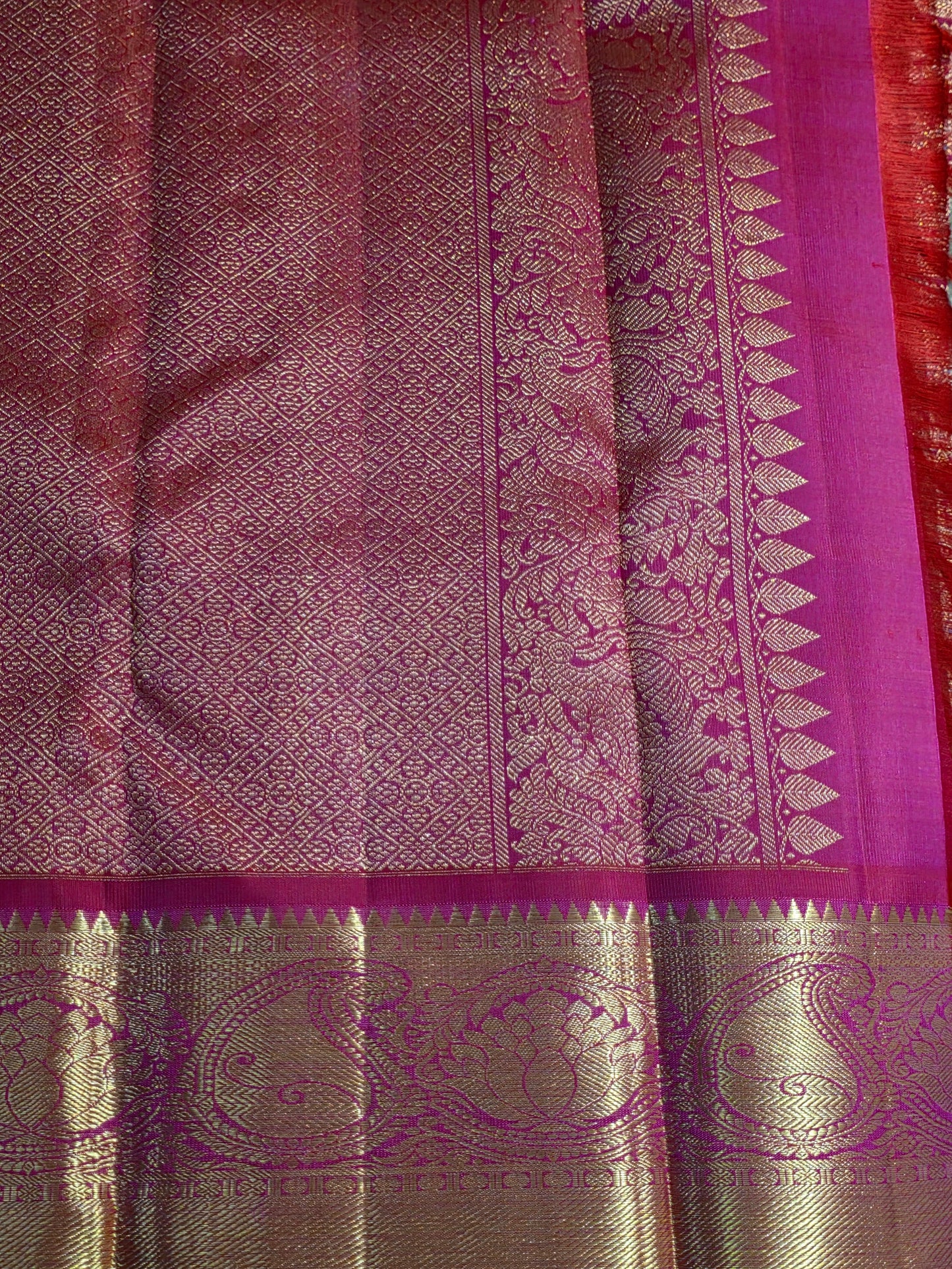 Pure Mulberry silk dual tone pink and golden color saree with pure zari completely hand woven.