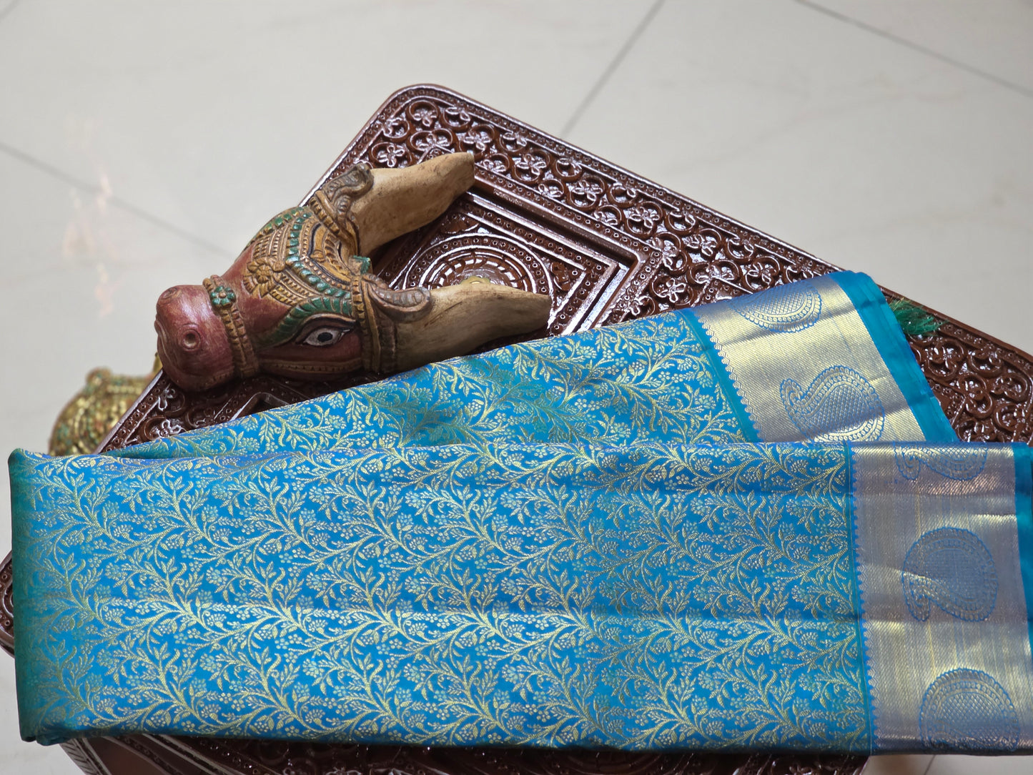 Double tone Blue and silver floral patterns Silk saree