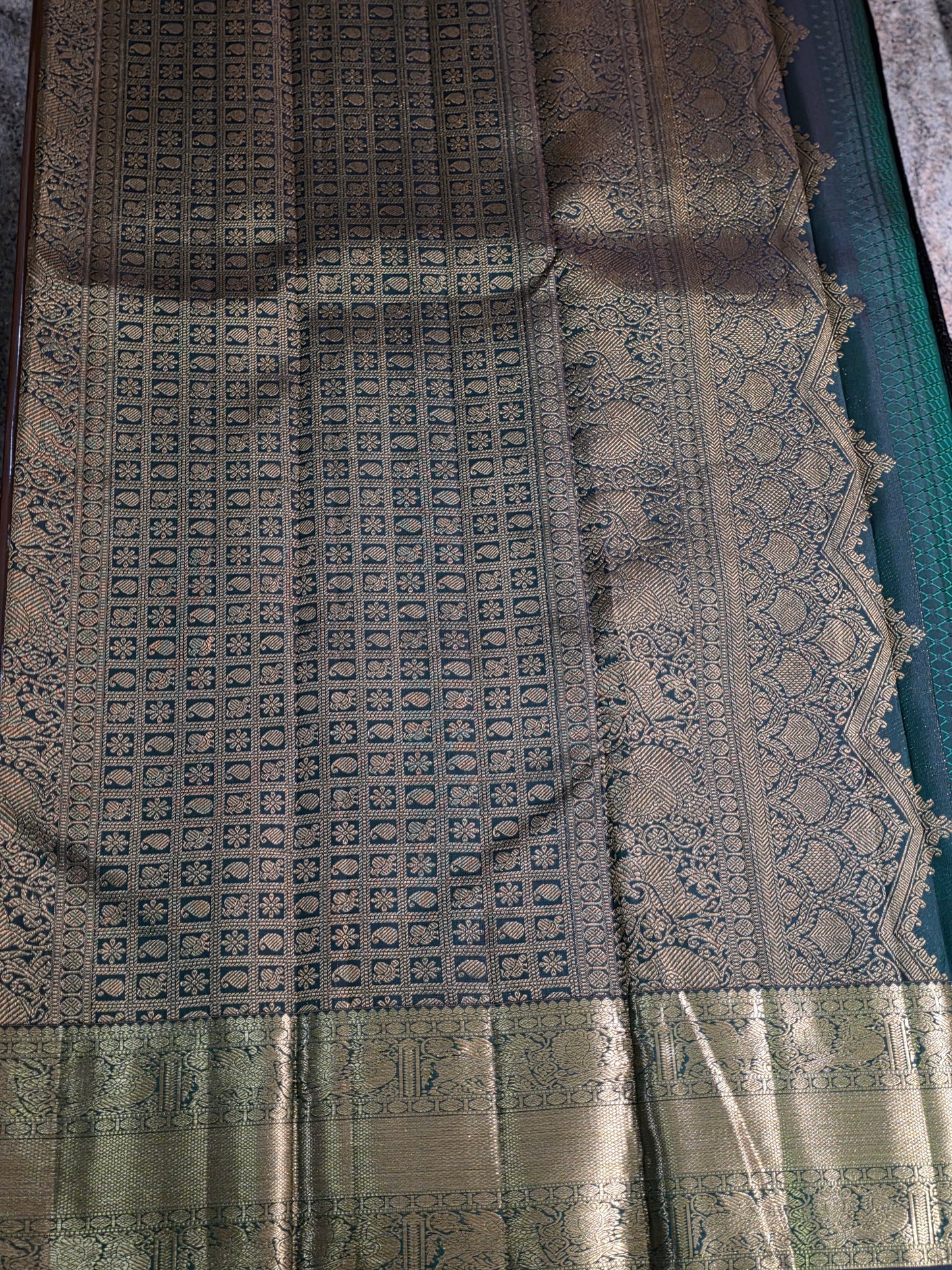 Pure Mulberry dual tone green colour silk saree with pure zari completely hand woven.