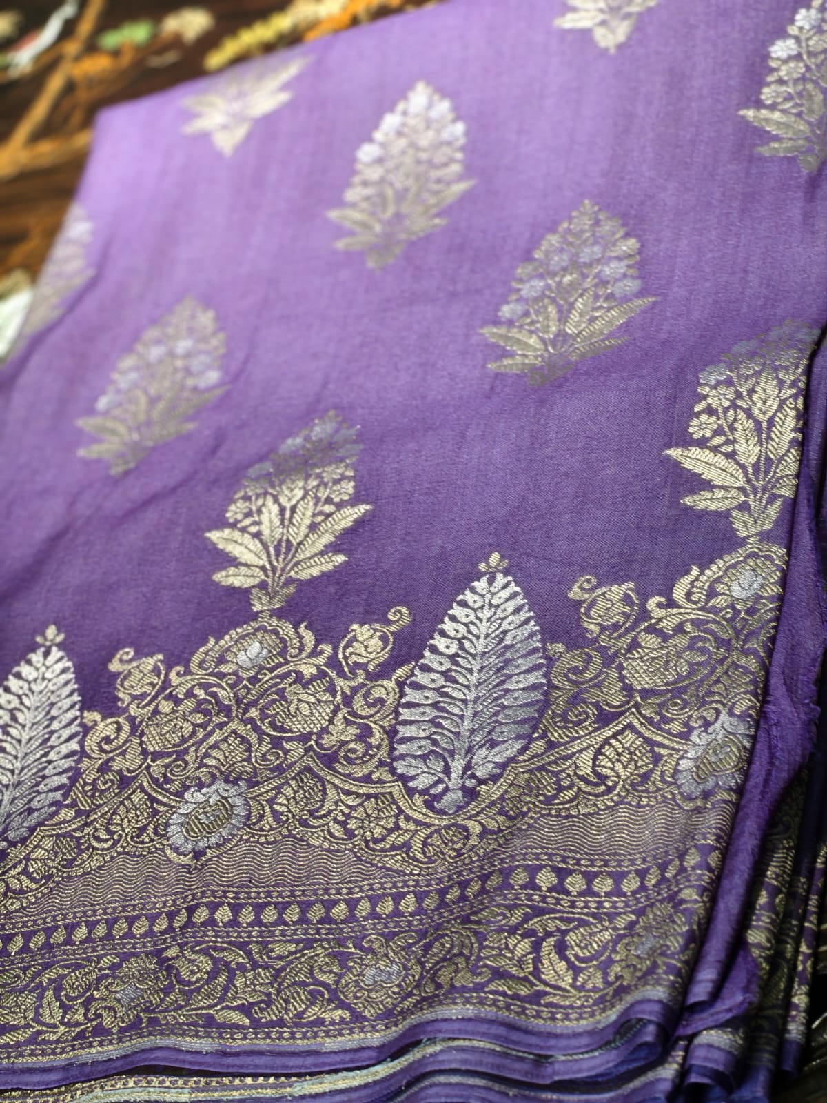 Pure 100% Mulberry tussar silk saree with gold and silver zari work done by hand, completely hand weaved