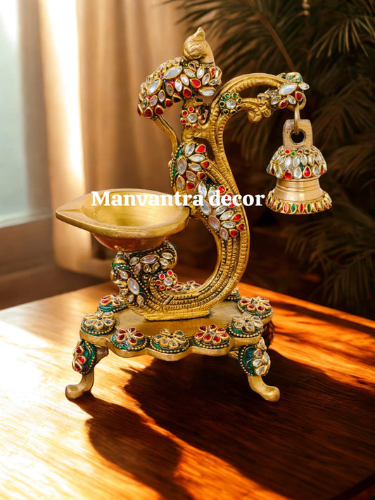 Beautiful stones studded deepak, pure brass ( single piece)